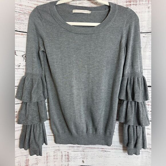 One Gray Day Sweater Womens size Xs Knit Silk Cotton blend Gray Ruffle sleeves - Picture 1 of 12